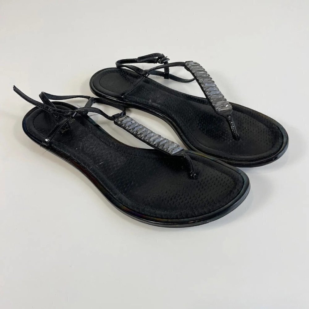 Brian Atwood Womens Leather Thong Sandals Black 6.5 Embellished T-Strap Crystal